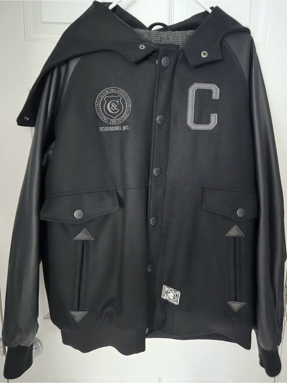 Crooks & Castles Black Hooded Varsity Bomber Jacket